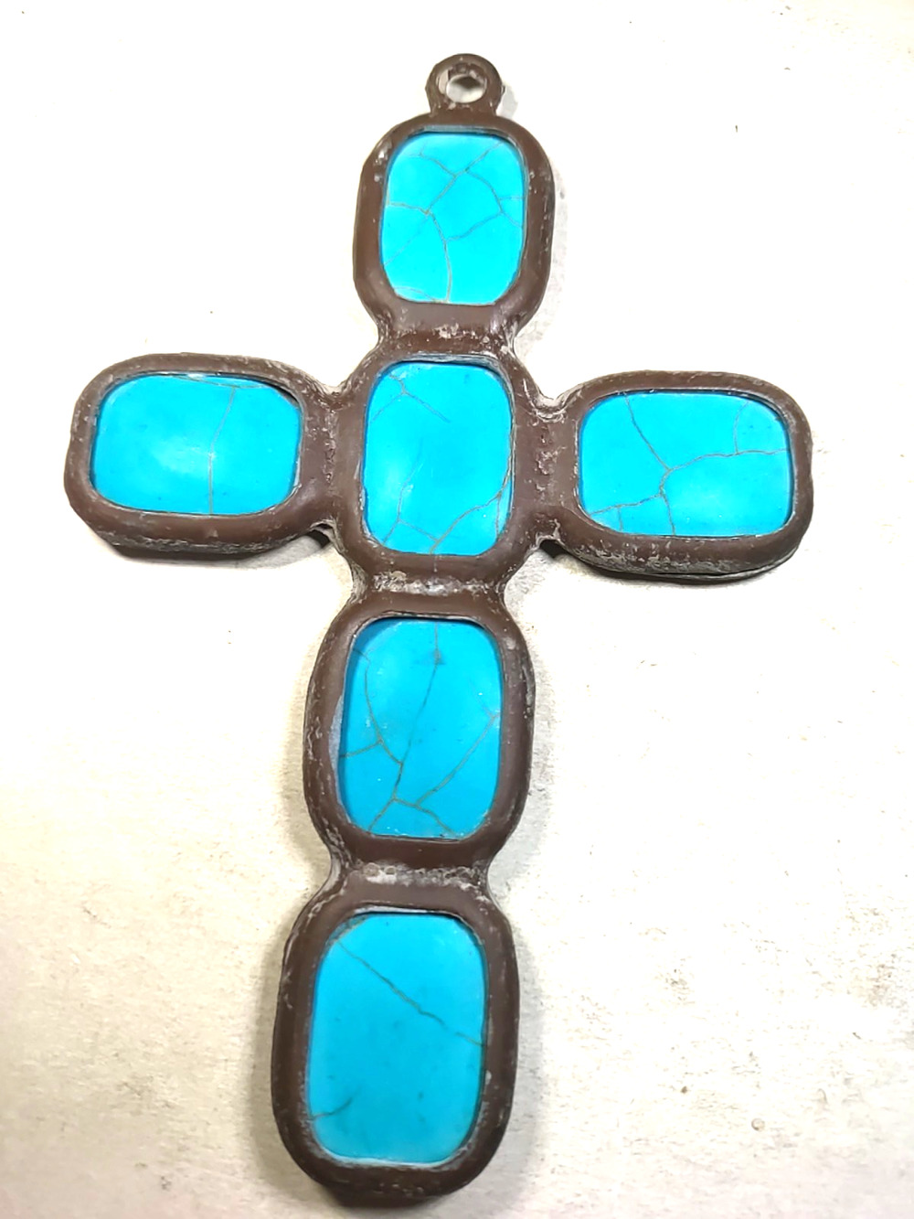 Large Metal Cross Turquoise Color Stone ? Roughly Made 6" Long